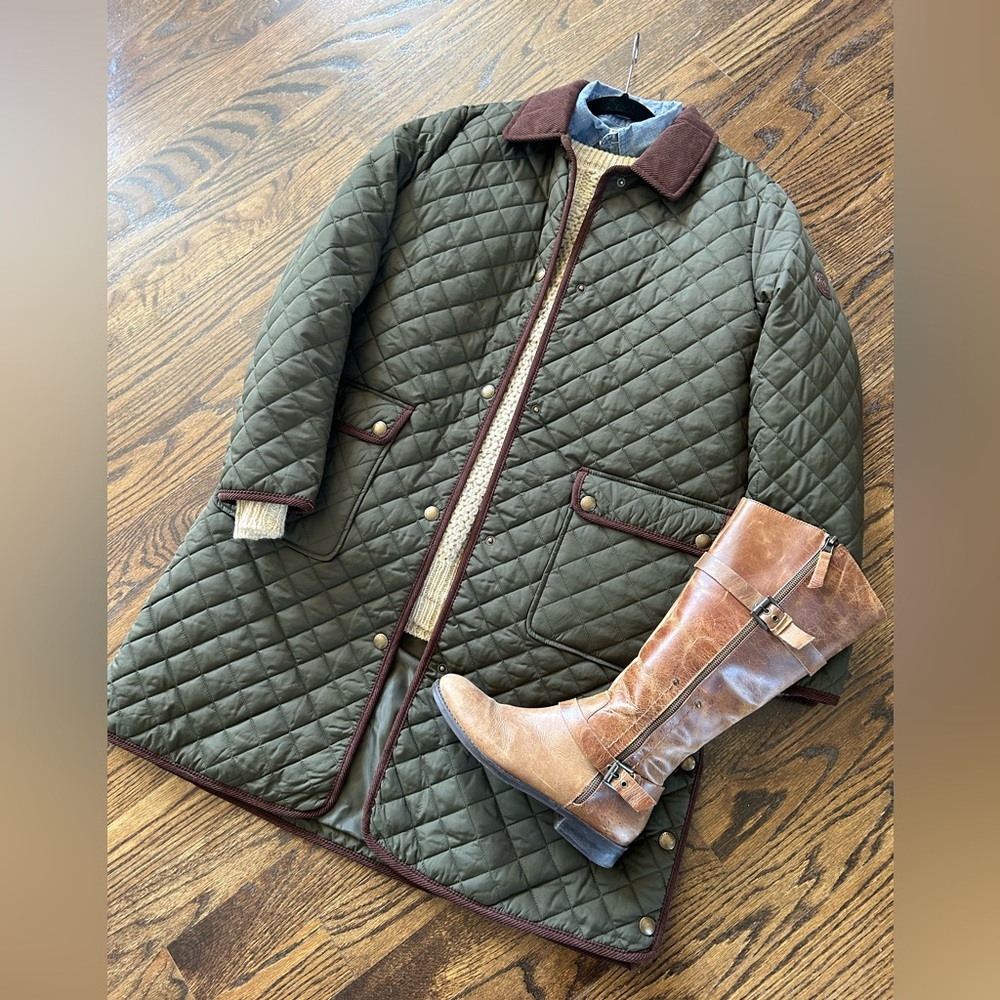 Ralph Lauren Black Label Olive Green Quilted Utility Jacket with Brown Trim